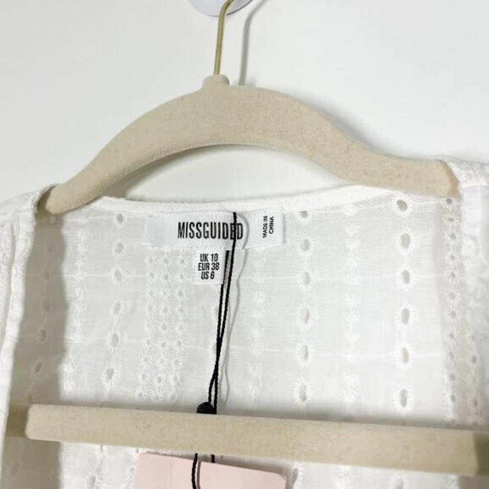 Missguided Women White Cord Broderie Tie Crop Top Eyelet Plunge V-Neck 6 NWT - Picture 4 of 12